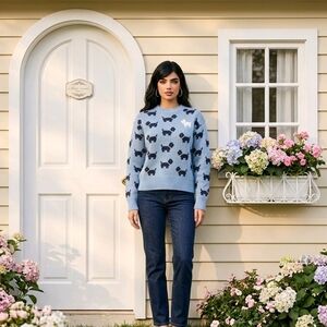 Netflix Light Blue Crewneck Sweater with Black & Yellow Scottie Dog Motif